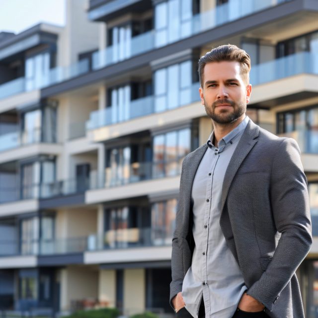 handsome male real estate agent near modern building handsome male real estate agent near modern multi storey building