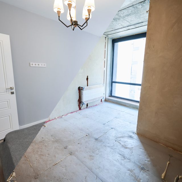 Apartment bedroom before and after renovation. Comparison of bedroom with large panoramic window before and after renovation. Photo collage of old apartment before restoration and new renovated flat with bed and elegant interior design.