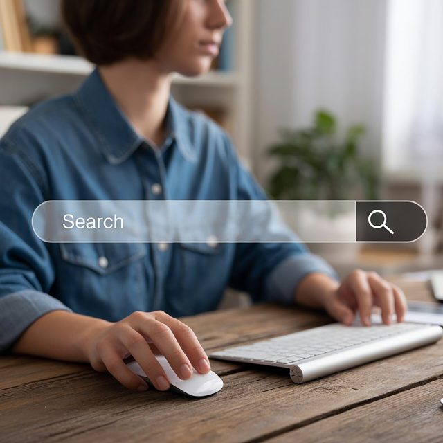 mujer-buscando-en-linea-con-raton-y-teclado-de-computadora mujer-buscando-en-linea-con-raton-y-teclado-de-computadora